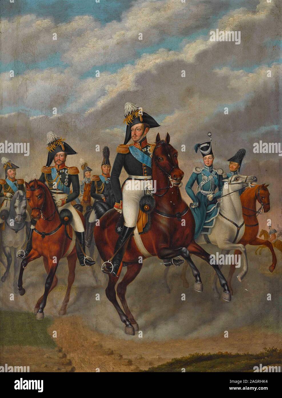 Tsar Nicholas I of Russia with Tsarevich Alexander and his Retinue. Museum: PRIVATE COLLECTION. Author: Franz Krüger. Stock Photo