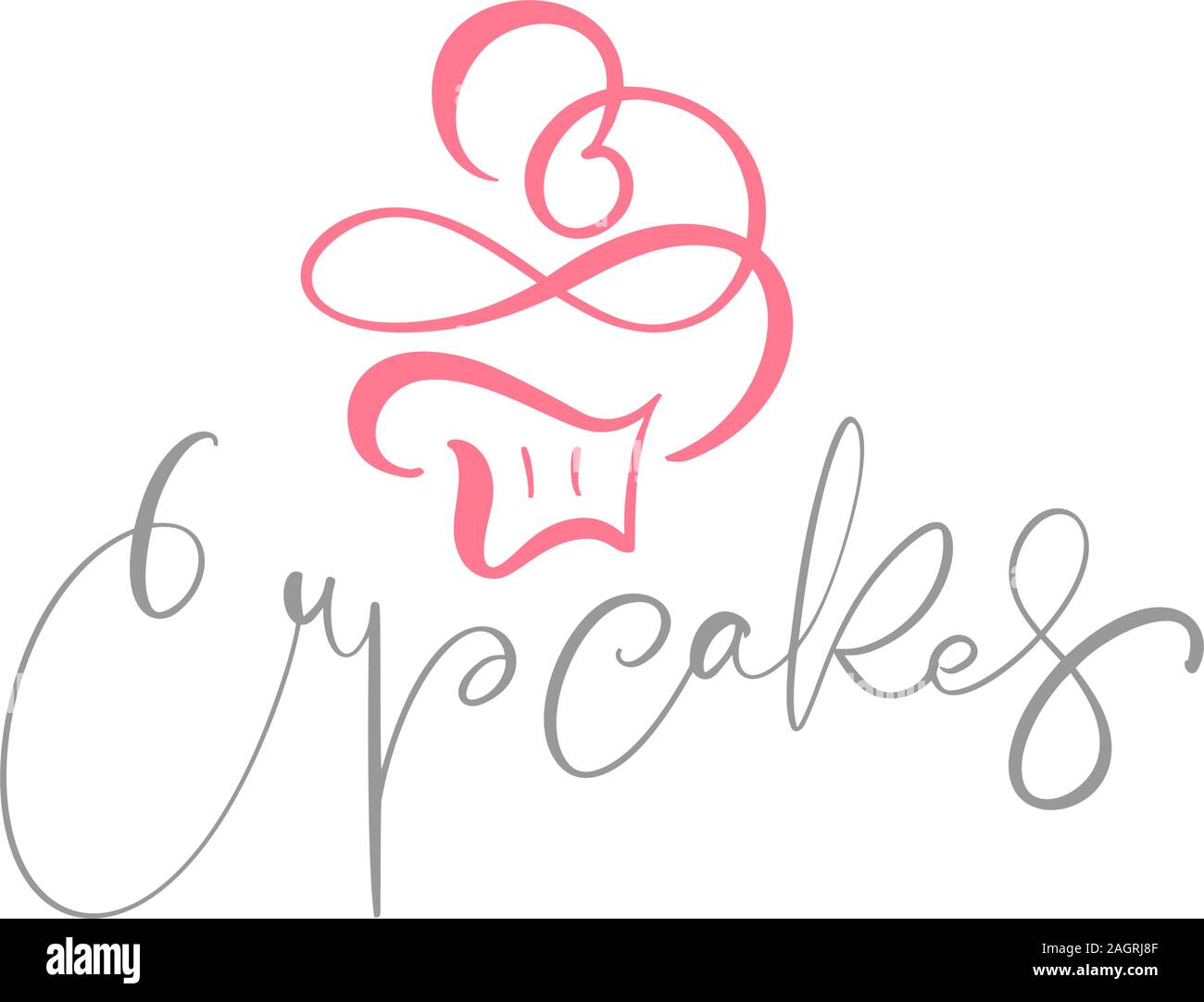 Cupcakes vector calligraphic text with logo. Sweet cupcake with cream, vintage dessert emblem