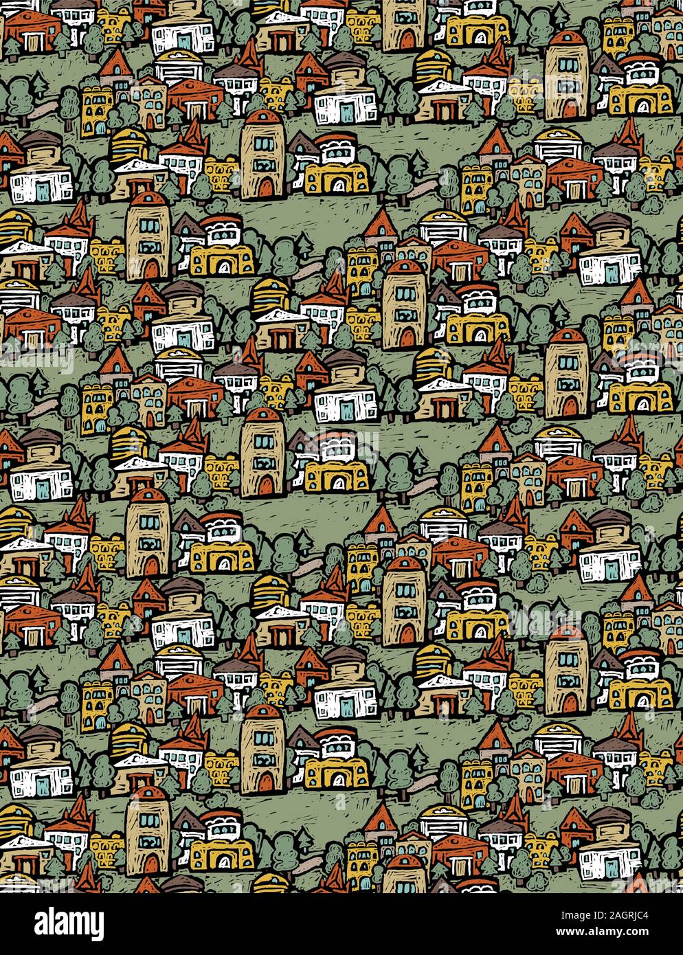 Suburb houses trees fields panorama seamless pattern Stock Vector