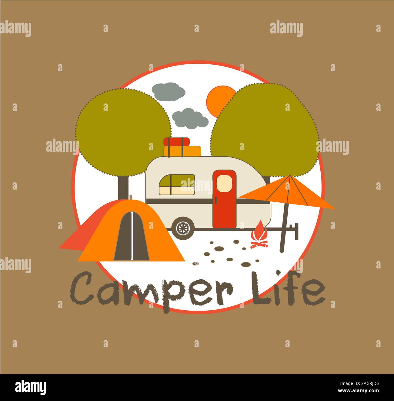 Camper Life with Tent, Trailer, Trees, Parasol, Clouds, Fire, Sun Stock  Vector Image & Art - Alamy