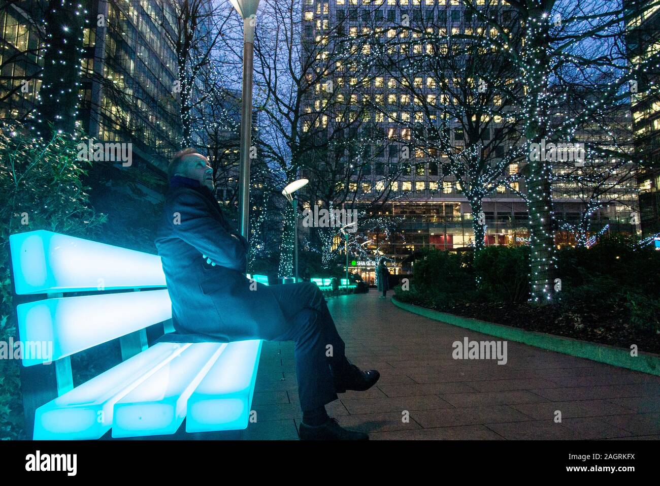 Green illuminated benches and tree lights at Christmas in Canary Wharf