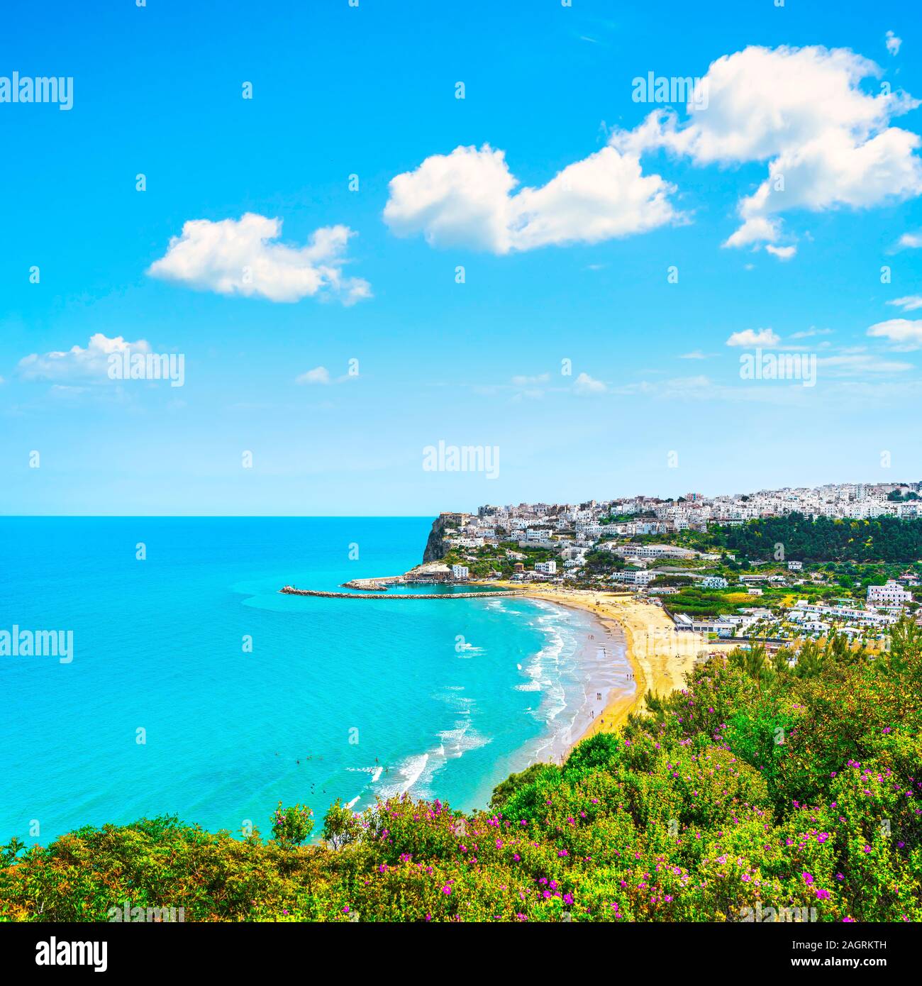 Peschici white village and beach, Gargano peninsula, Apulia, southern Italy, Europe. Stock Photo