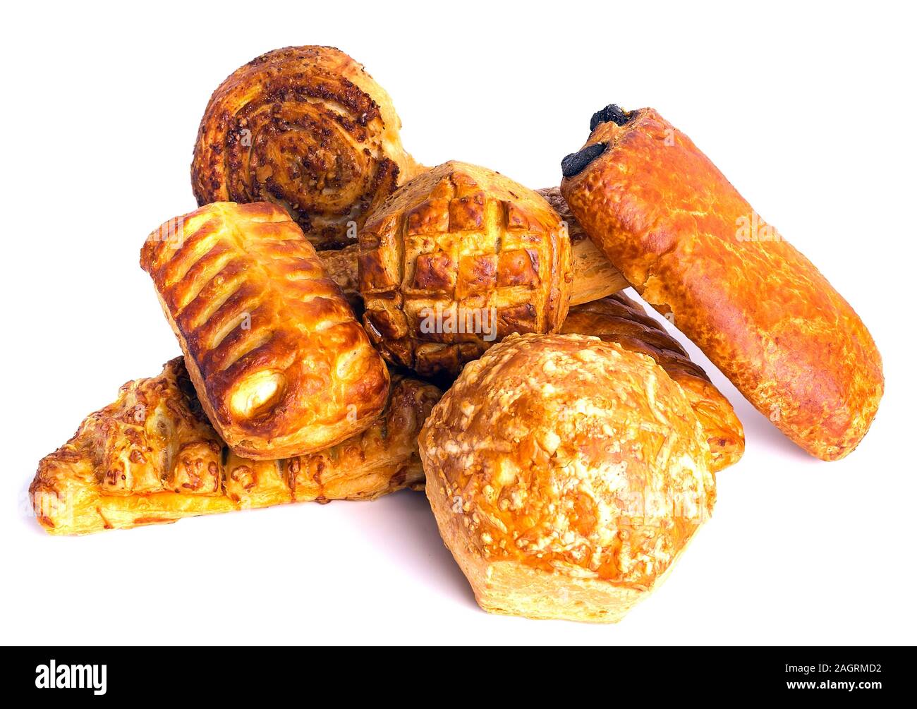 A variety of baked buns captivates with attractiveness, aroma and taste. Stock Photo