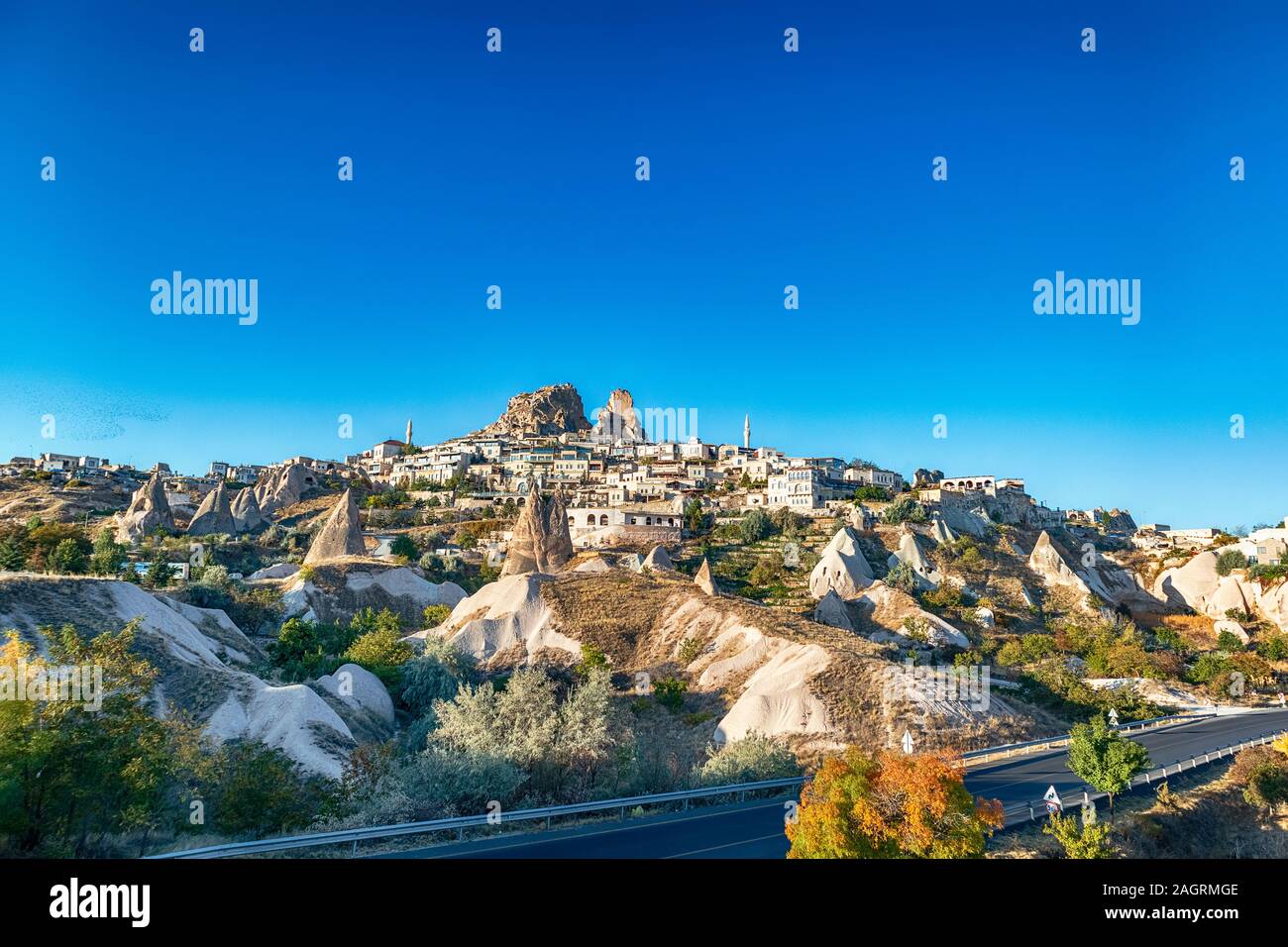View of the Uchisar town. The cave city in Cappadocia. Turkey The perfect place to watch hot air balloons Stock Photo