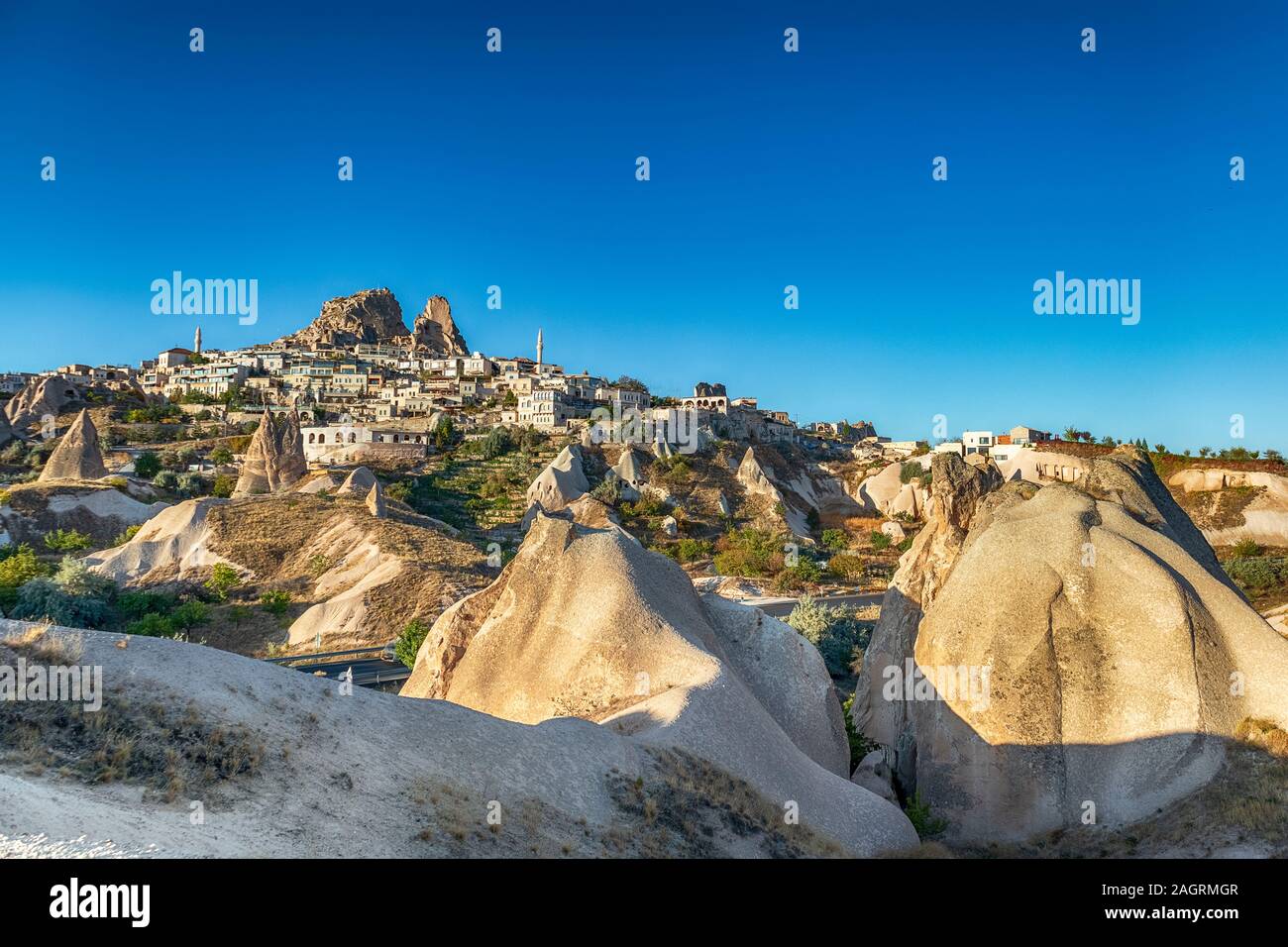 View of the Uchisar town. The cave city in Cappadocia. Turkey The perfect place to watch hot air balloons Stock Photo