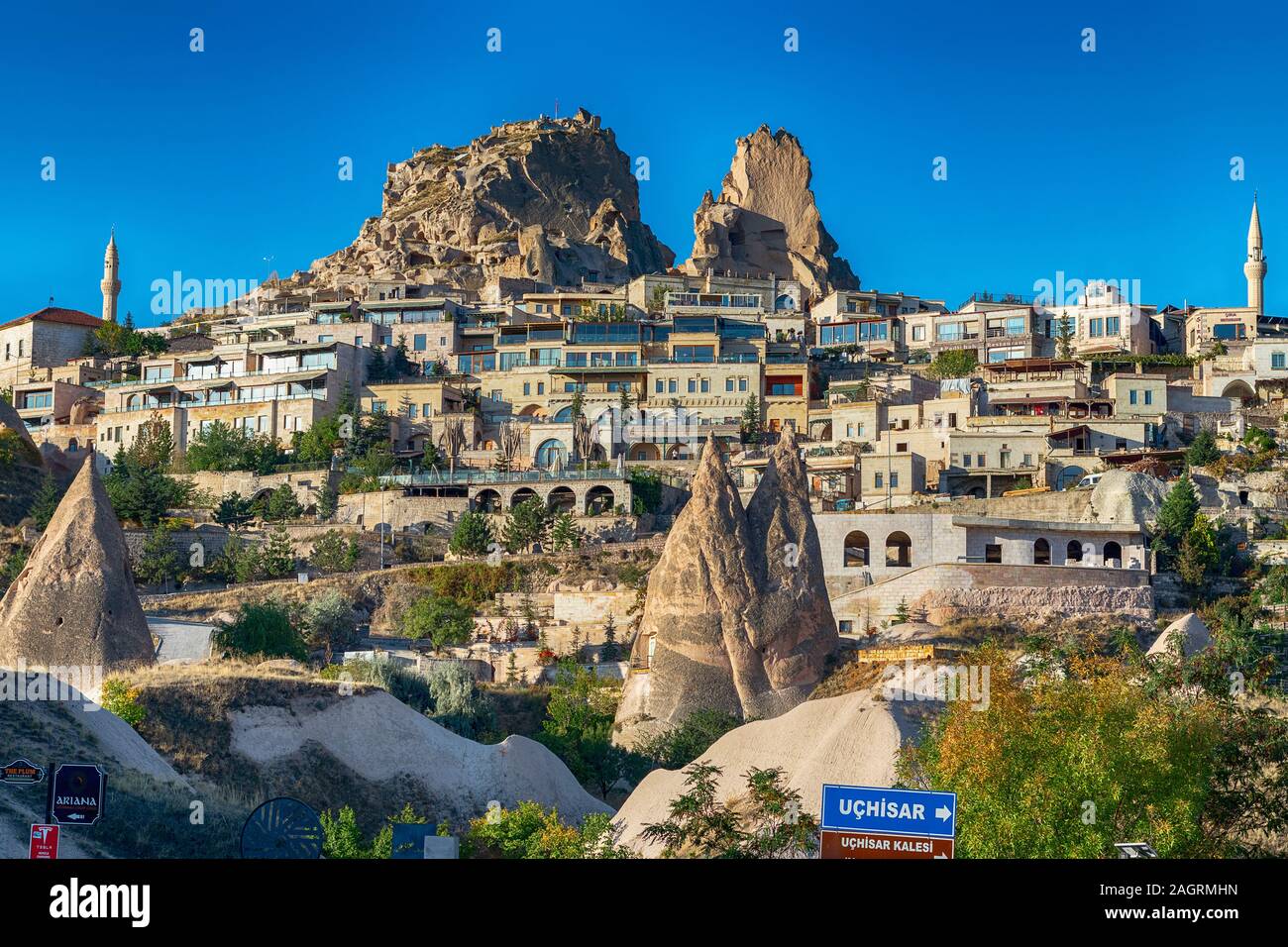 View of the Uchisar town. The cave city in Cappadocia. Turkey The perfect place to watch hot air balloons Stock Photo