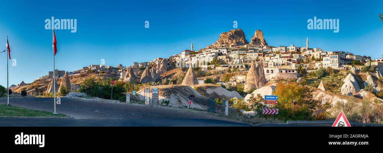 View of the Uchisar town. The cave city in Cappadocia. Turkey The perfect place to watch hot air balloons Stock Photo