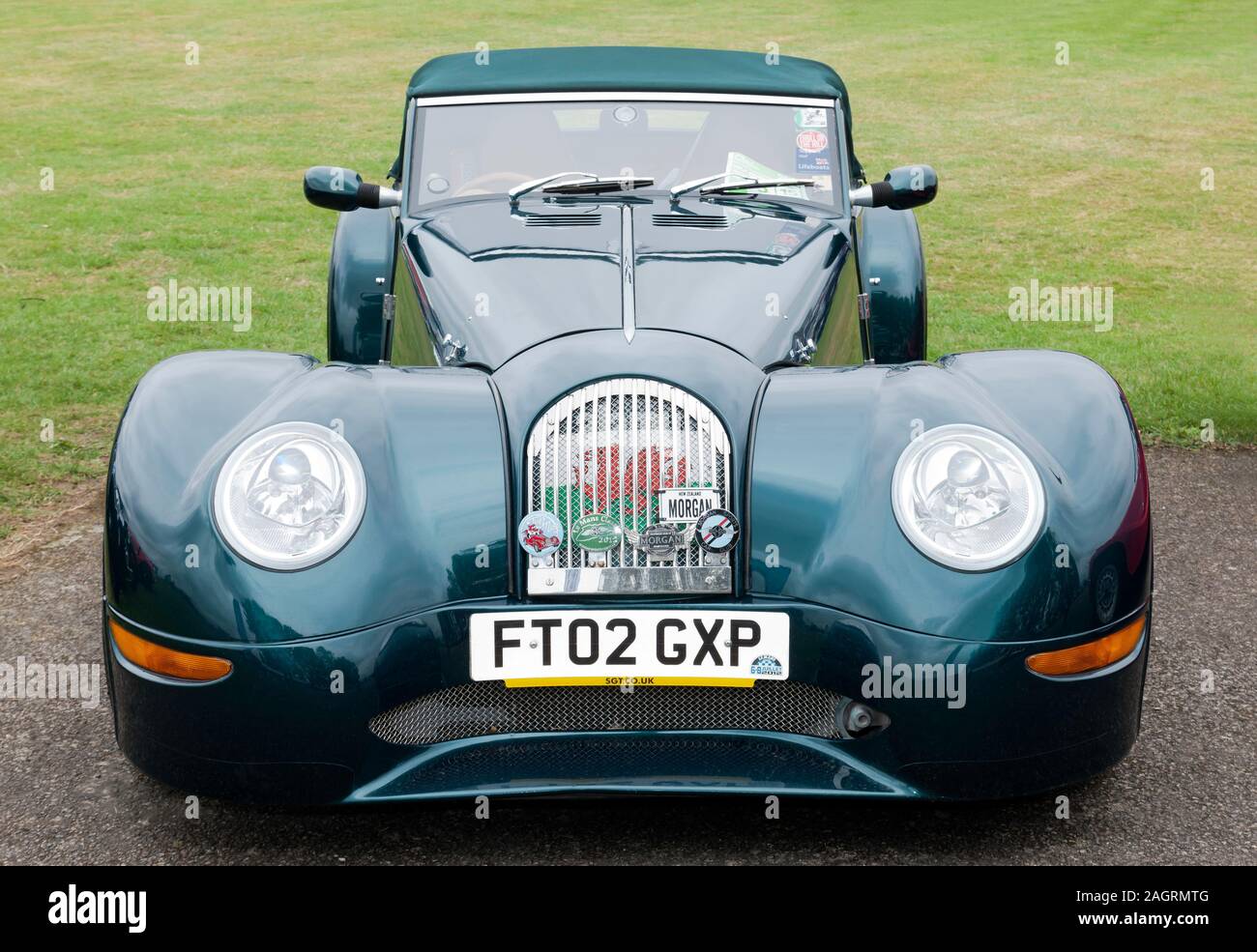 Front view of a 2002, Green, Morgan Aero 8, on display in the Morgan Sports Car Club Zone, of the 2019 Silverstone Classic Stock Photo