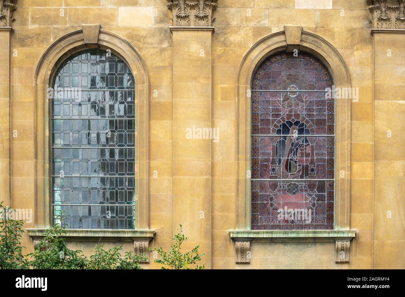 Stained glass.Stained glass windows were commonly used in churches for