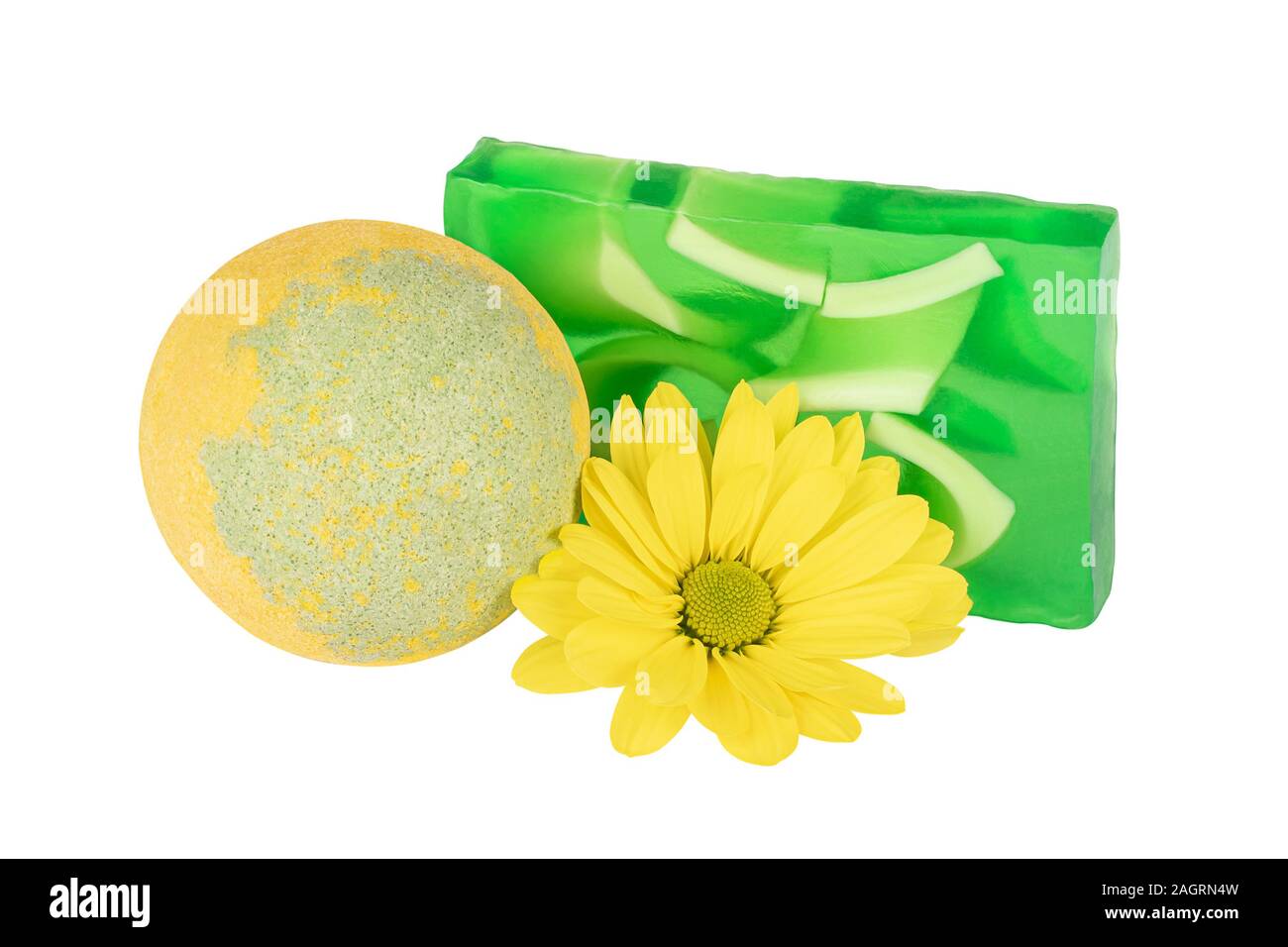 Bath ball, handmade soap and yellow flower Stock Photo