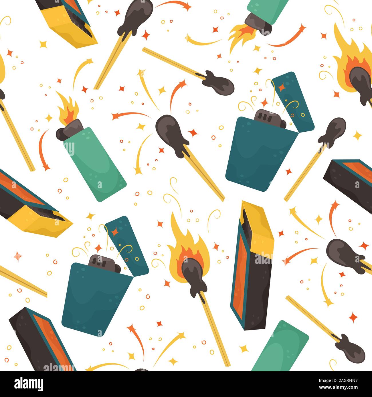 Seamless vector pattern with burning matches, lighters and matchbox. Stock Vector