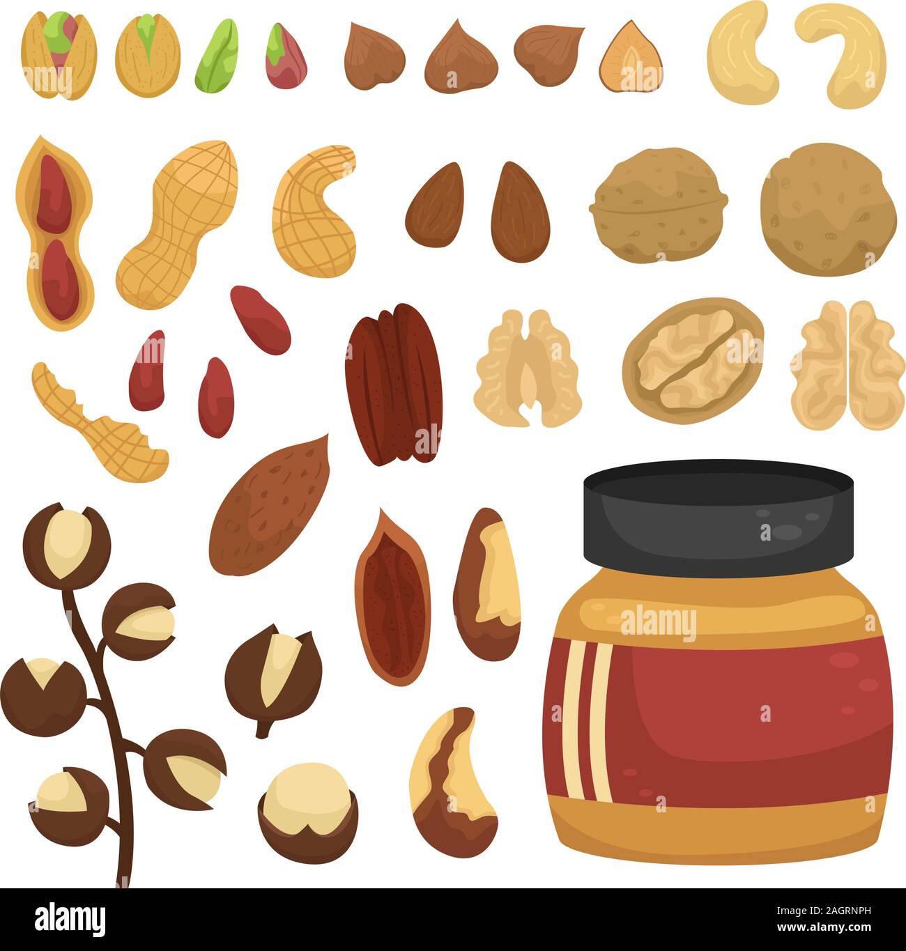 Vector set of different nuts and jars of nut paste. Stock Vector