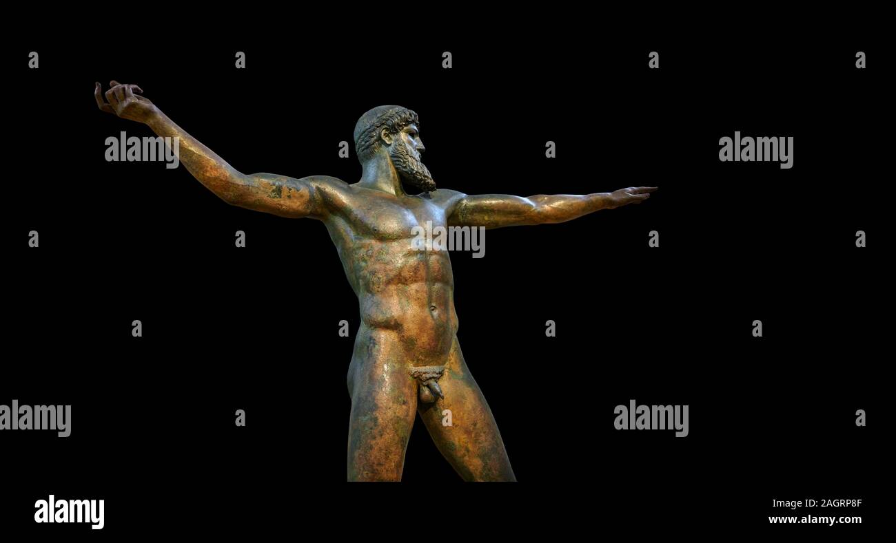 Early classical ancient Greek bronze statue of Zeus or Poseidon, circa 450 BC. Athens National Arcjaeological Museum, cat no X15161. Black background Stock Photo