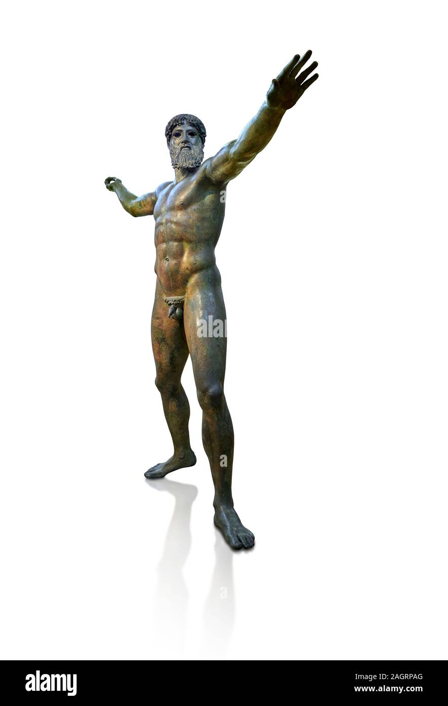 Early classical ancient Greek bronze statue of Zeus or Poseidon, circa 450 BC. Athens National Arcjaeological Museum, cat no X15161. White background Stock Photo