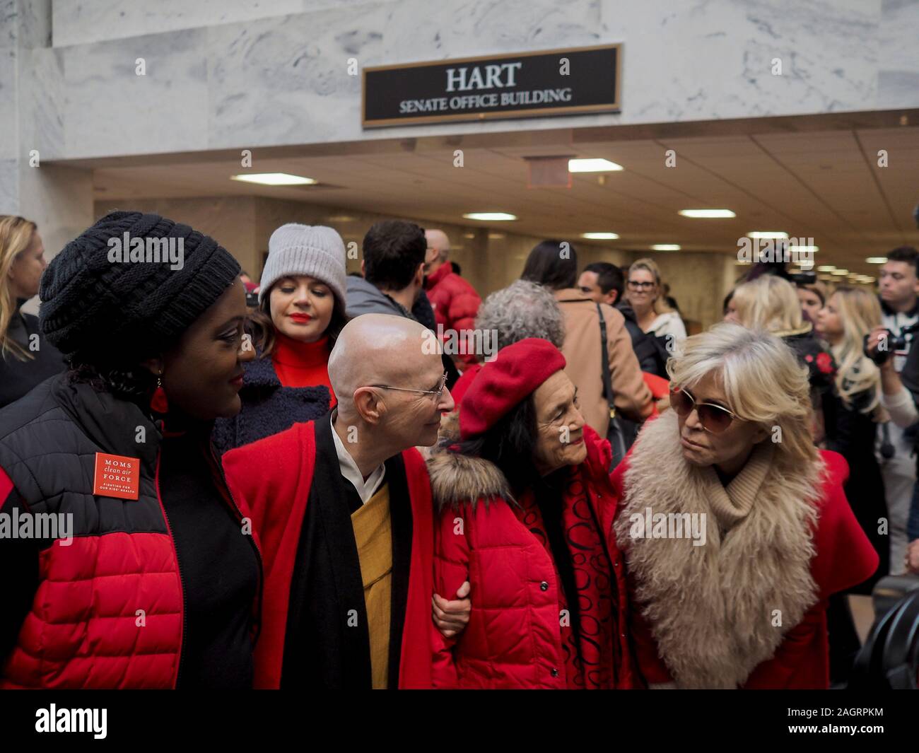 Washington, District of Columbia, USA. 20th Dec, 2019. Jane Fonda (left) with Moms Clean Air Force National Field Director Heather Mcteer Tony, Buddhist teacher and author Roshi Joan Halifax and labor leader Dolores Huerta in Hart Office building prior to civil disobedience action for Fire Drill Fridays, which calls attention to the need to take action to address the changing climate Credit: Sue Dorfman/ZUMA Wire/Alamy Live News Stock Photo