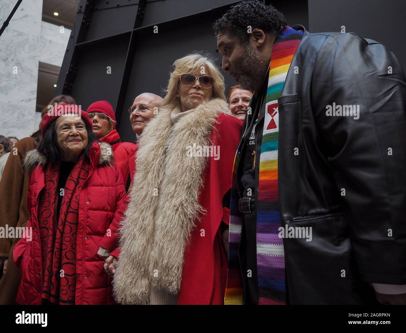 Washington, District of Columbia, USA. 20th Dec, 2019. Labor leader Dolores Huerta, Jane Fonda and Rev. Dr. William J. Barber in Hart Office building prior to civil disobedience action for Fire Drill Fridays, which calls attention to the need to take action to address the changing climate Credit: Sue Dorfman/ZUMA Wire/Alamy Live News Stock Photo