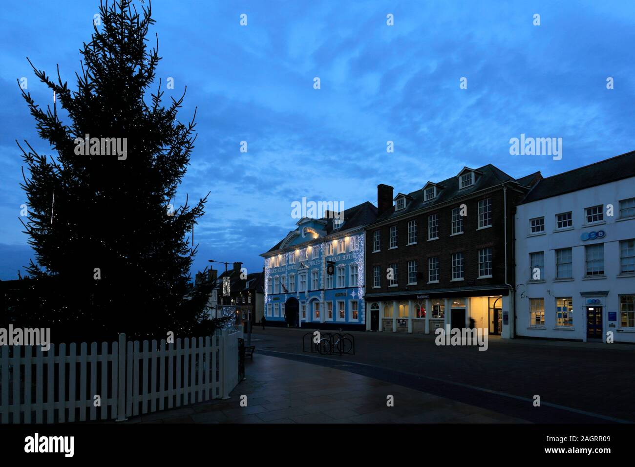 Christmas tree on the market place at night, Kings Lynn town, Norfolk