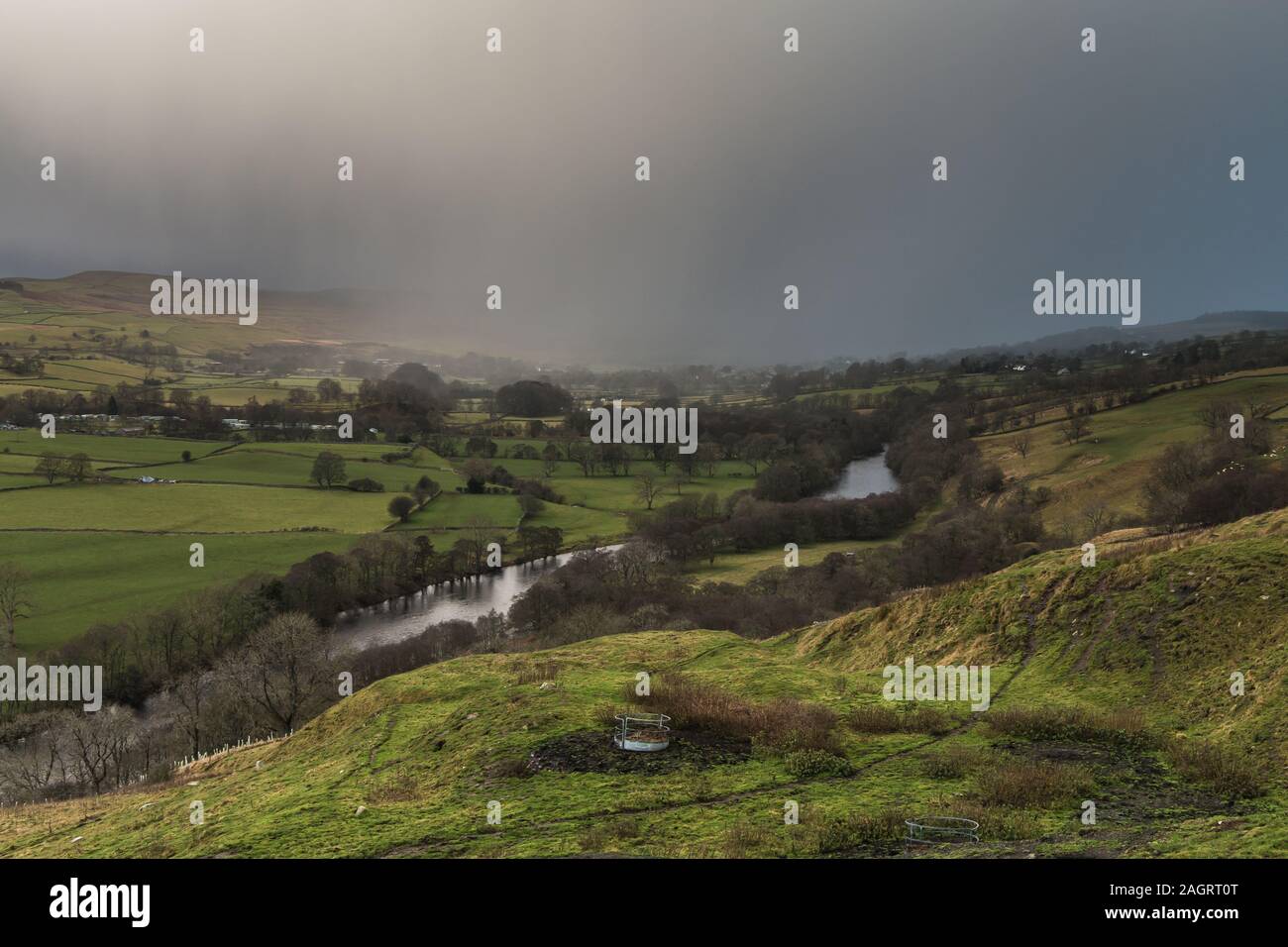 Torrential Downpour over Middleton in Teesdale during Storm Atiyah 8 Dec 2019 Stock Photo