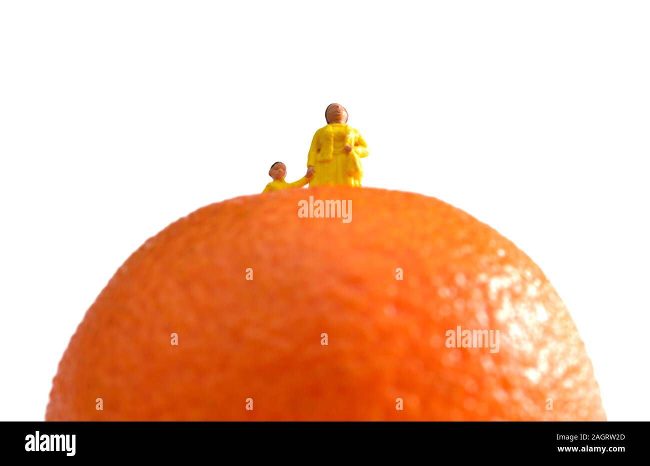 miniature figurines mum,mothers,kids,children,standing on an orange satsuma against a white background Stock Photo