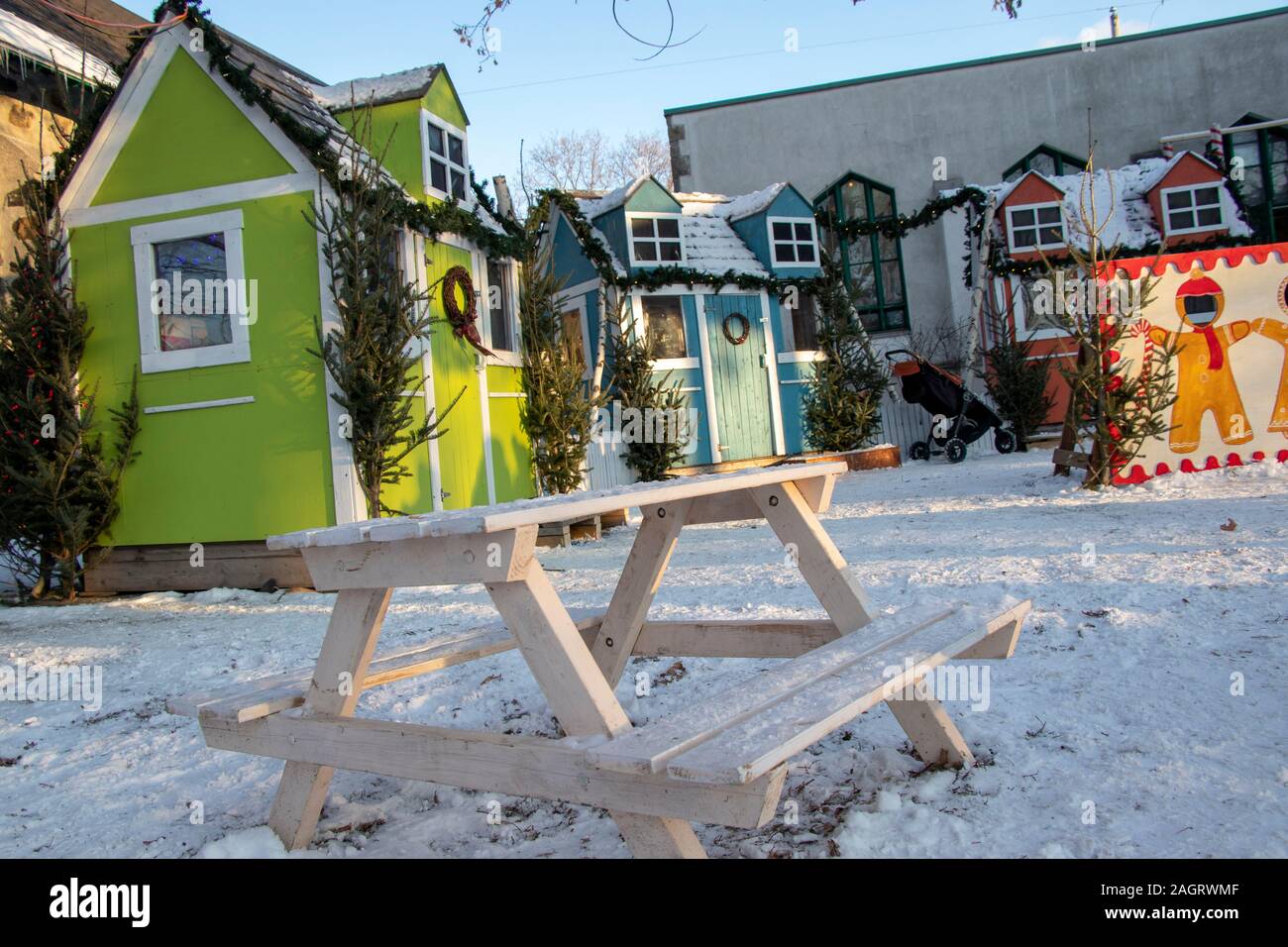 December 7, 2019 - Longueuil, Québec, Canada : Mini Houses and Mini Picnic Table in children area park during Longueuil Chris Stock Photo