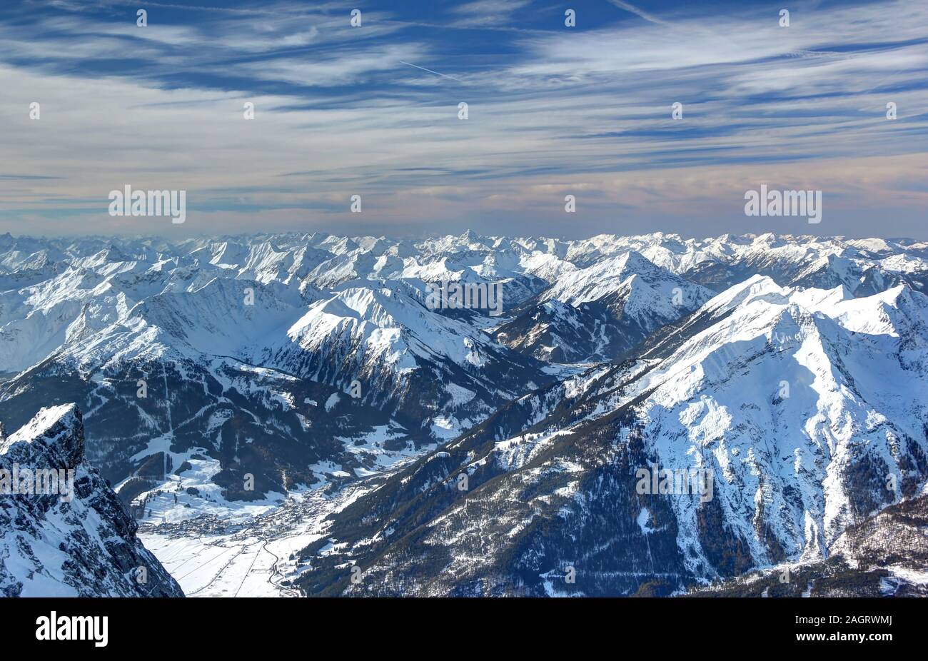 Zugspitze mountain - Glacier skiing. The Zugspitze, at 2,962 meters above sea level, is the highest mountain in Germany. Stock Photo
