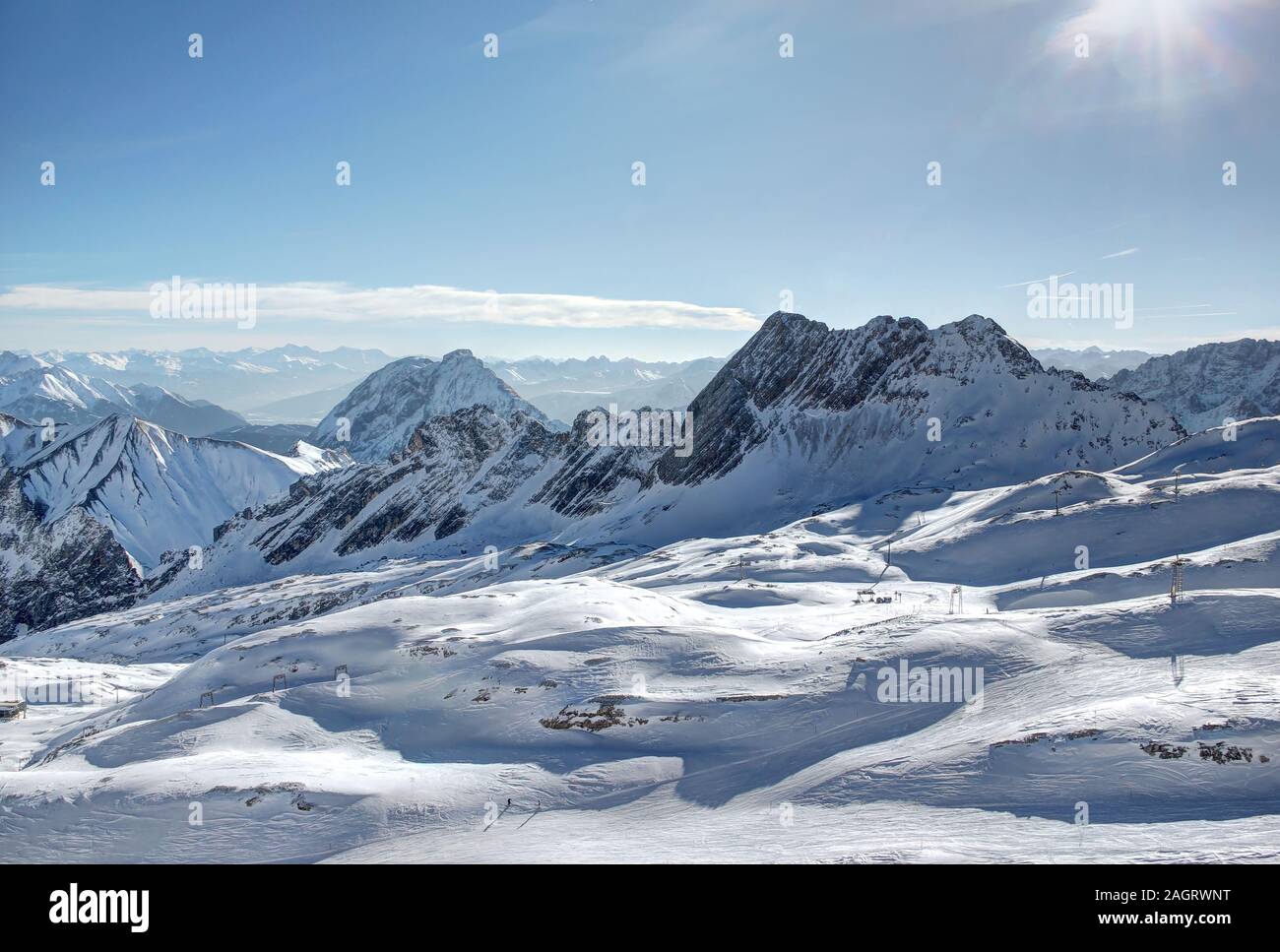 Glacier skiing - Zugspitze mountain. The Zugspitze, at 2,962 meters above sea level, is the highest mountain in Germany. Stock Photo