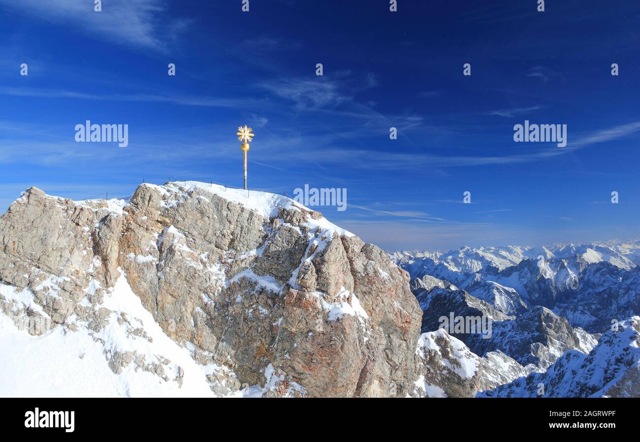 Zugspitze mountain - Top of Germany. The Zugspitze, at 2,962 meters above sea level, is the highest mountain in Germany. Stock Photo