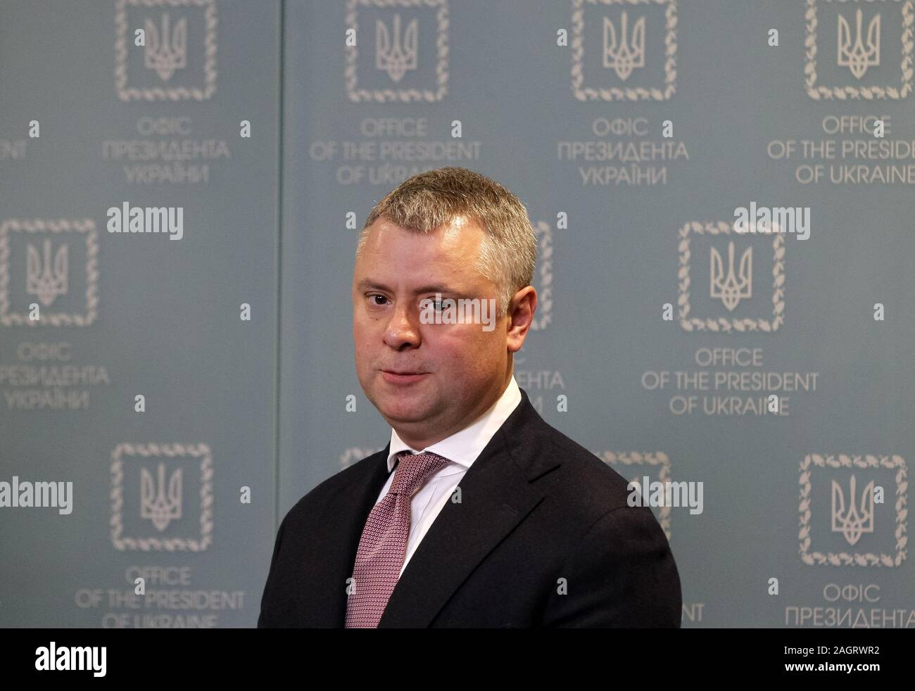 December 21, 2019, Kiev, Ukraine: The Naftogaz of Ukraine Executive Director YURIY VITRENKO attends a briefing with Ukrainian Minister of energy and environmental erotection OLEKSIY ORZHEL (not seen) in Kiev, Ukraine, on 21 December 2019. As media reported, the EU, Ukraine and Russia reached a final agreement about Russian gas transit via Ukraine to Europe. (Credit Image: © Serg Glovny/ZUMA Wire) Stock Photo