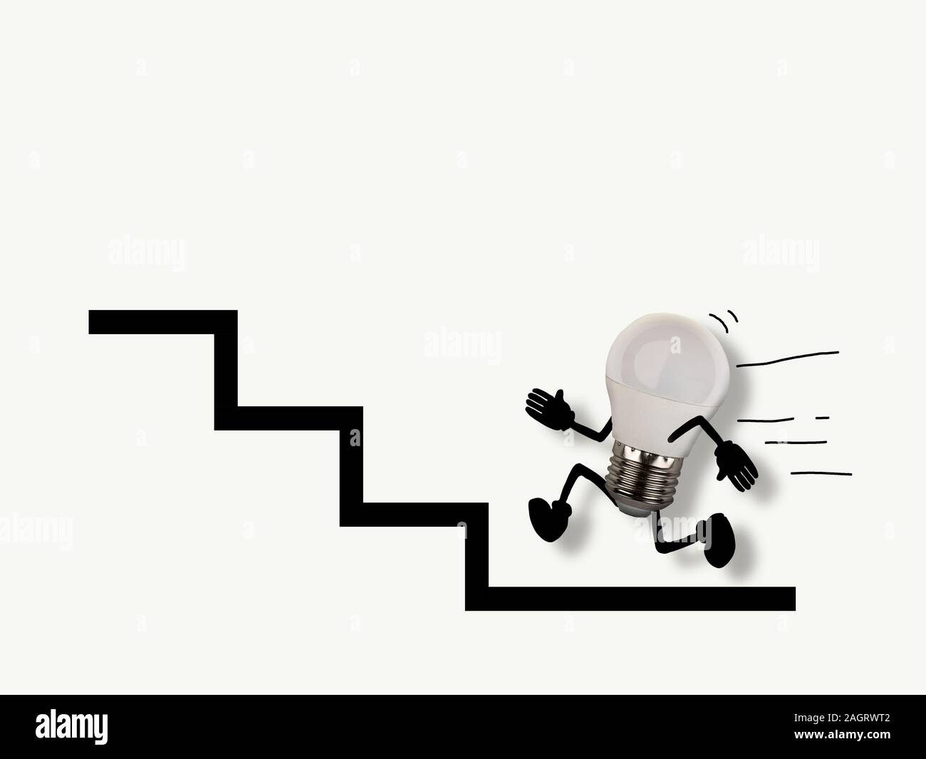 bulb with hands and feet trying to climb a flight of stairs Stock Photo