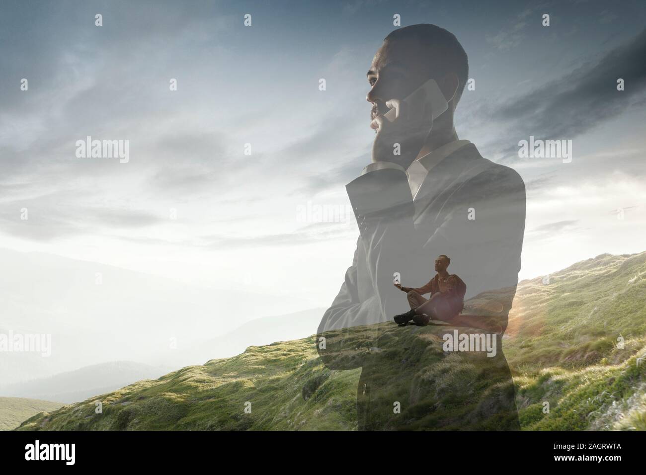 Busy. Businessman with landscapes on background, double exposure. Lives in megapolis but needs to find herself face to face with nature. Dreams about mental balance. Psycology, eco concept. Stock Photo