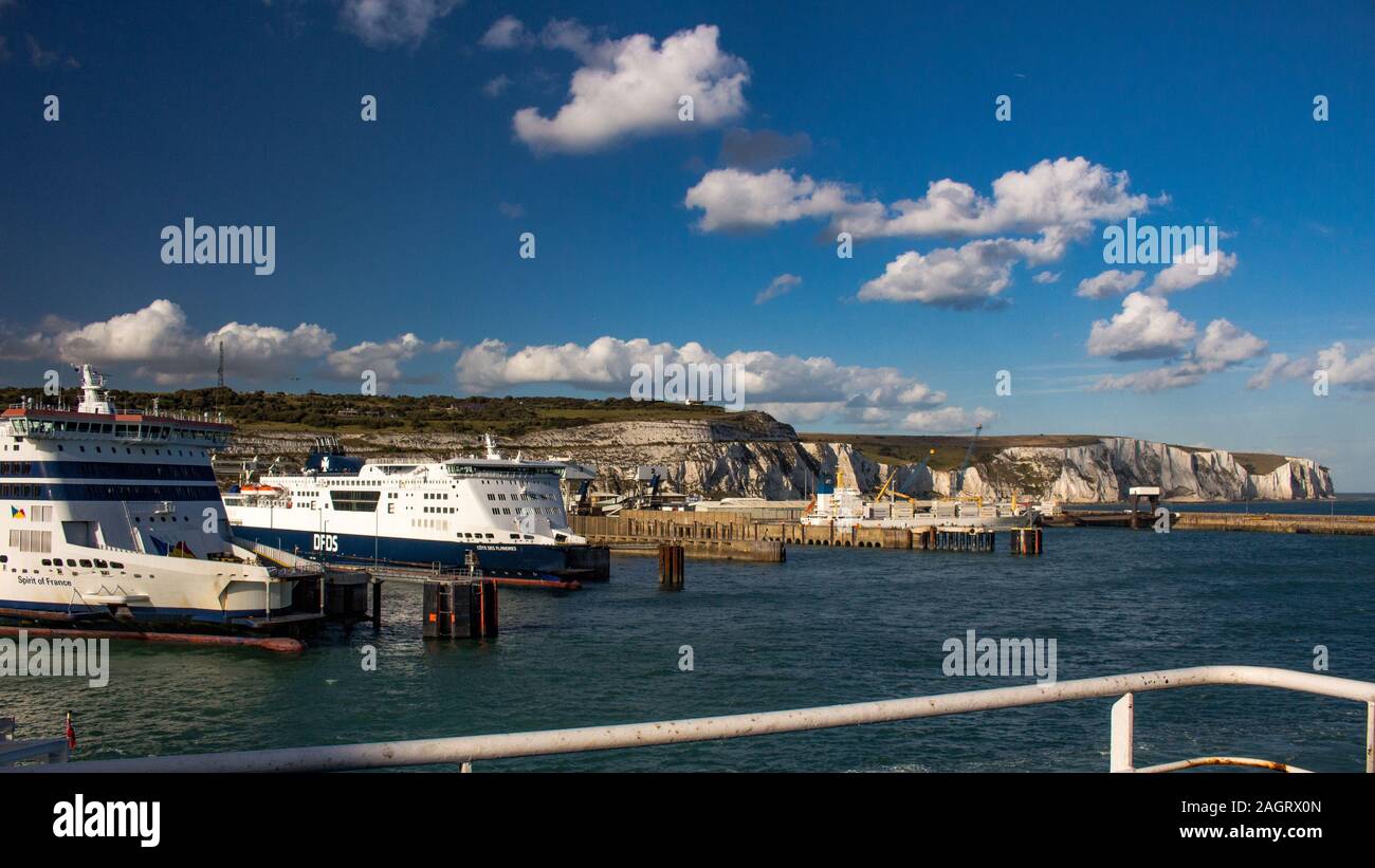 Approaching the White cliffs of Dover, England on a ferry fom Calais