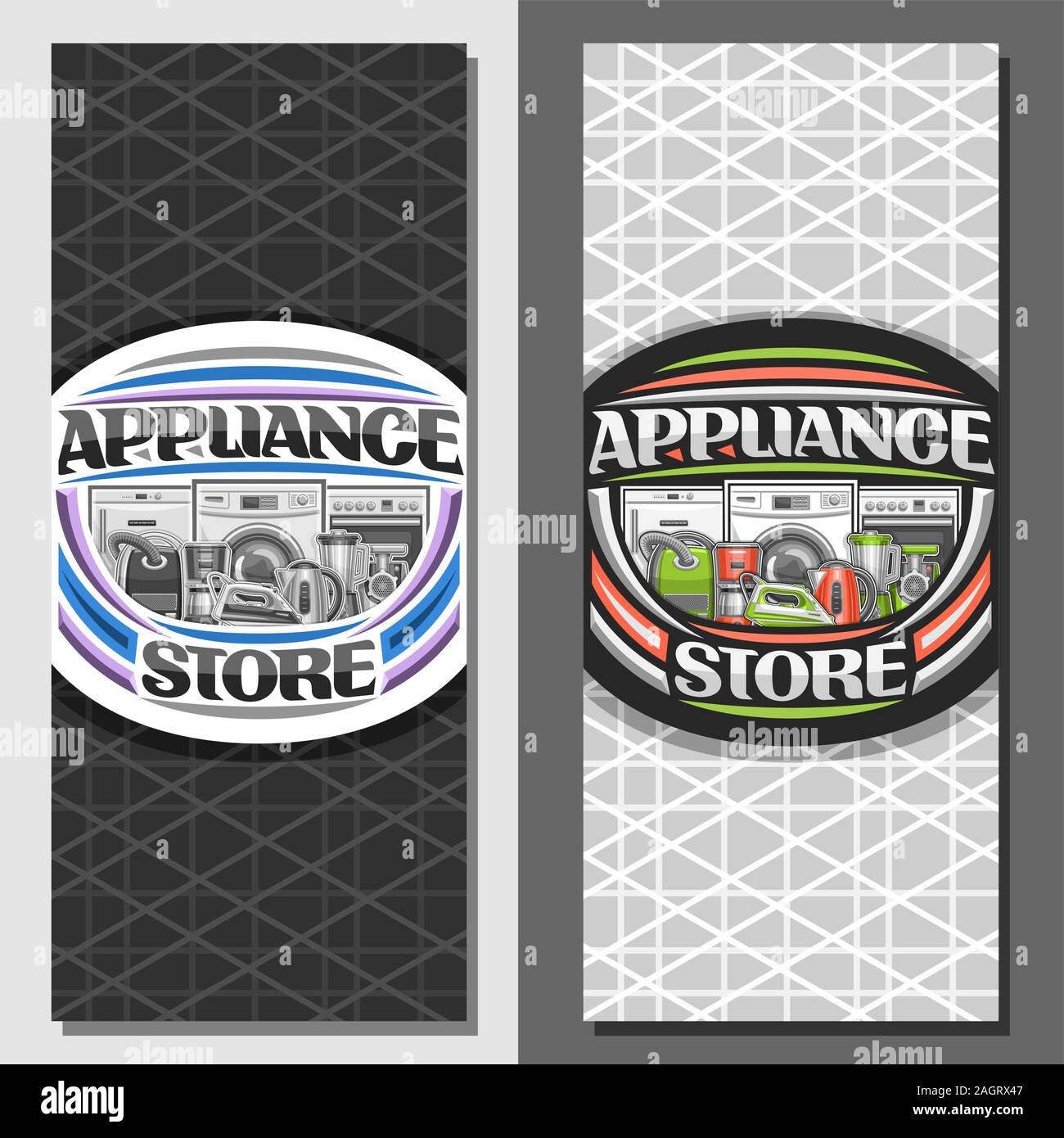 Vector layouts for Appliance Store, brochure with illustration of variety new metal home appliances, decorative font for words appliance store, sign b Stock Vector