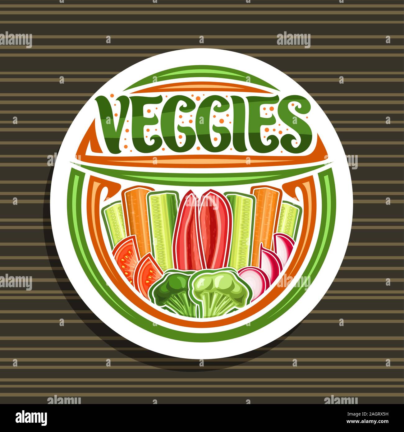 Vector logo for Veggies, white tag with illustration of raw vegetables group in a row, decorative typeface for word veggies, design signage for farmer Stock Vector