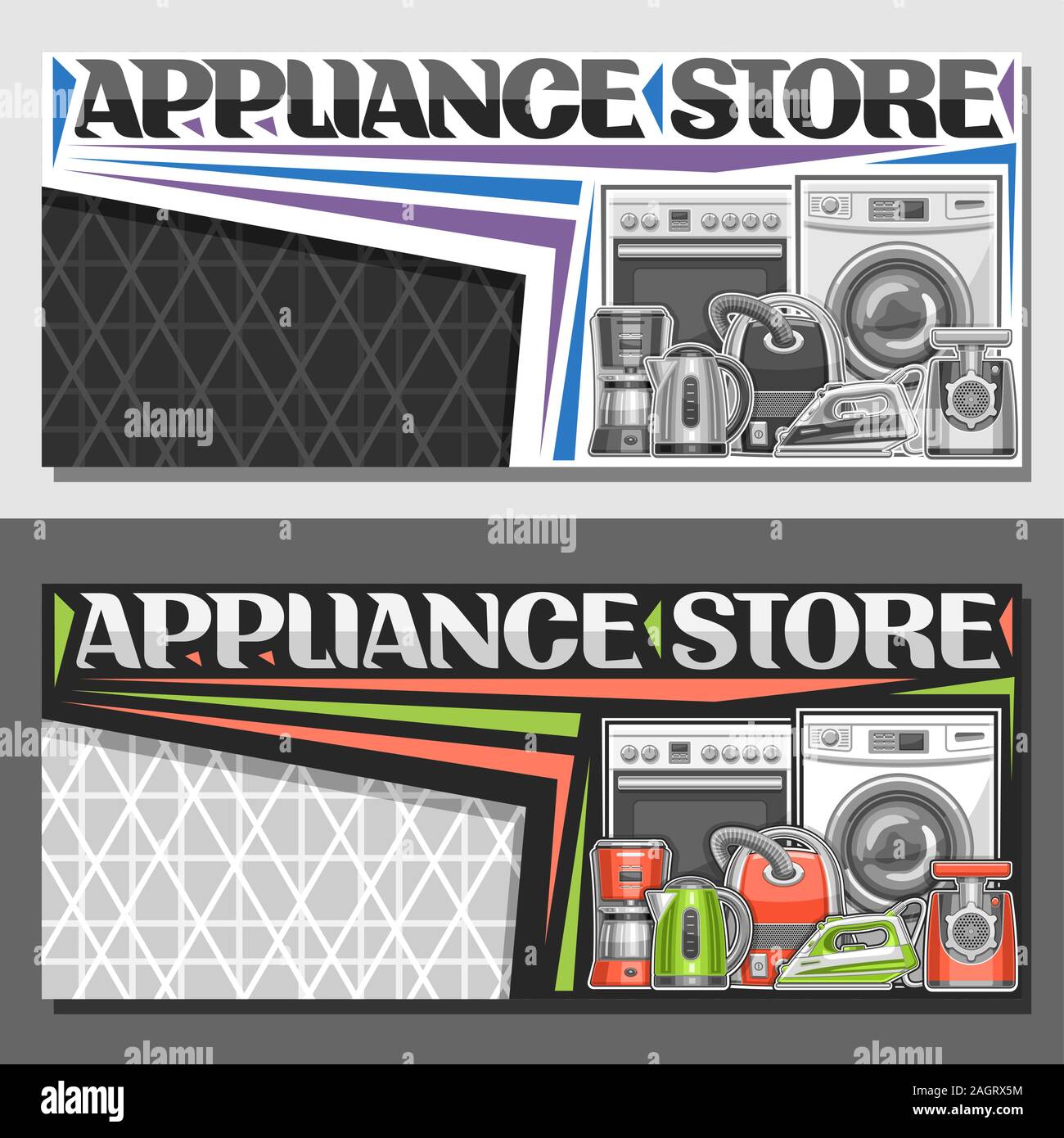 Vector layout for Appliance Store with copy space, illustration of different red and green modern home appliances, decorative font for words appliance Stock Vector
