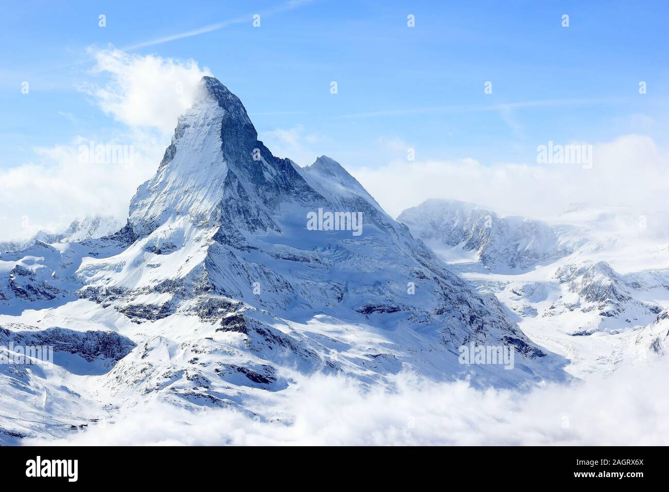 View of the Matterhorn from the Rothorn summit station. Swiss Alps, Valais, Switzerland. Stock Photo