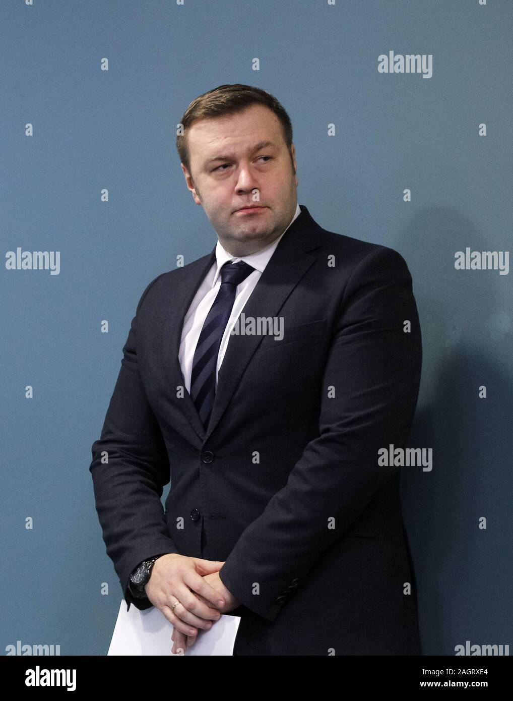 December 21, 2019, Kiev, Ukraine: Ukrainian Minister of energy and environmental erotection OLEKSIY ORZHEL waits before a briefing with the Naftogaz of Ukraine Executive Director YURIY VITRENKO (not seen) in Kiev, Ukraine, on 21 December 2019. As media reported, the EU, Ukraine and Russia reached a final agreement about Russian gas transit via Ukraine to Europe. (Credit Image: © Serg Glovny/ZUMA Wire) Stock Photo