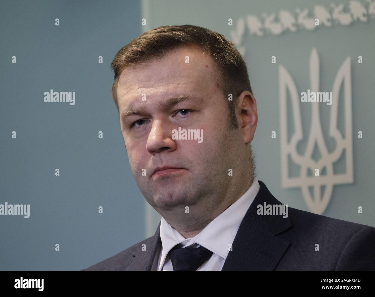 Kiev, Ukraine. 21st Dec, 2019. Ukrainian Minister of energy and environmental erotection OLEKSIY ORZHEL attends a briefing with the Naftogaz of Ukraine Executive Director YURIY VITRENKO (not seen) in Kiev, Ukraine, on 21 December 2019. As media reported, the EU, Ukraine and Russia reached a final agreement about Russian gas transit via Ukraine to Europe. Credit: Serg Glovny/ZUMA Wire/Alamy Live News Stock Photo