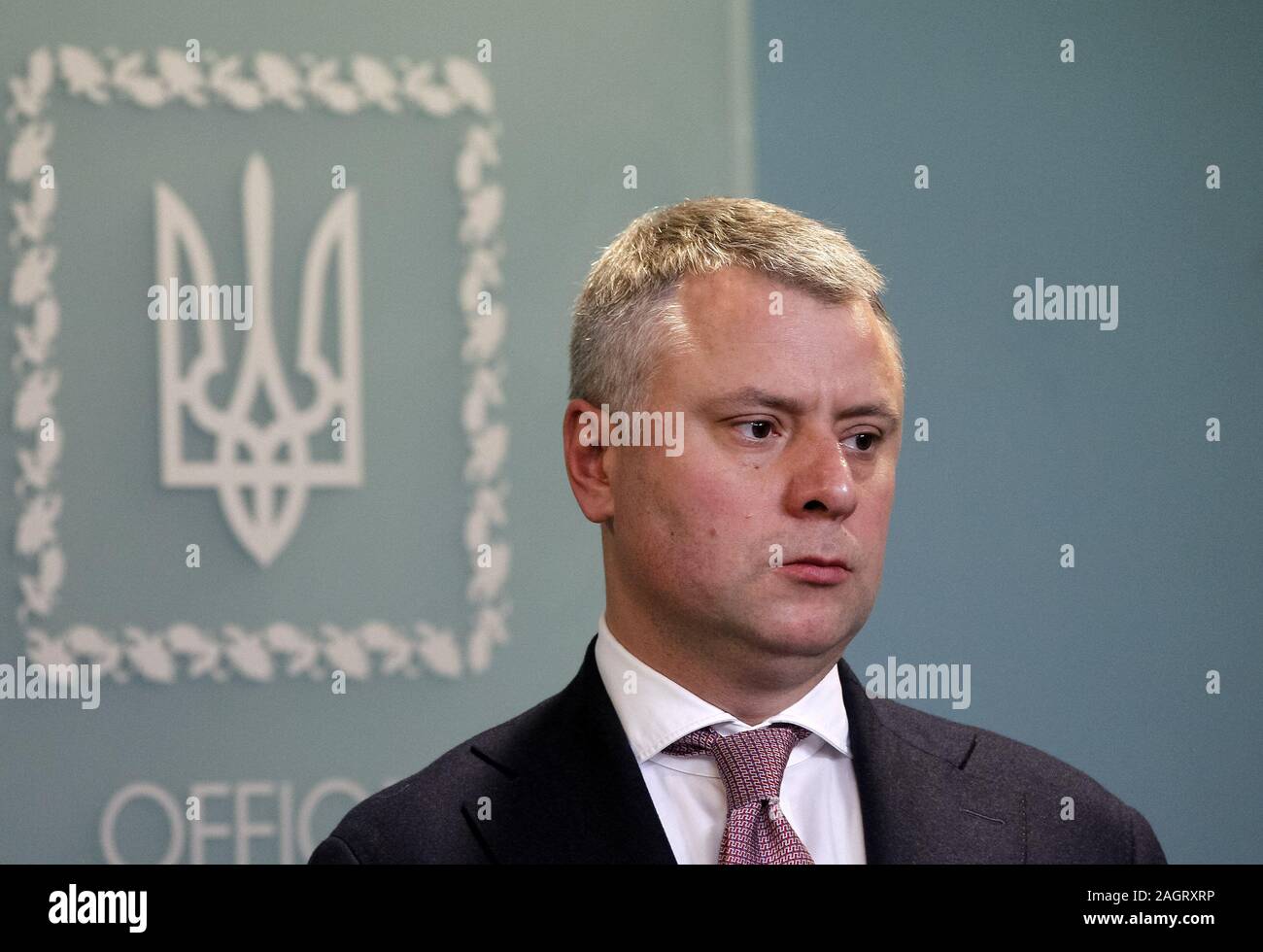 Kiev, Ukraine. 21st Dec, 2019. The Naftogaz of Ukraine Executive Director YURIY VITRENKO attends a briefing with Ukrainian Minister of energy and environmental erotection OLEKSIY ORZHEL (not seen) in Kiev, Ukraine, on 21 December 2019. As media reported, the EU, Ukraine and Russia reached a final agreement about Russian gas transit via Ukraine to Europe. Credit: Serg Glovny/ZUMA Wire/Alamy Live News Stock Photo