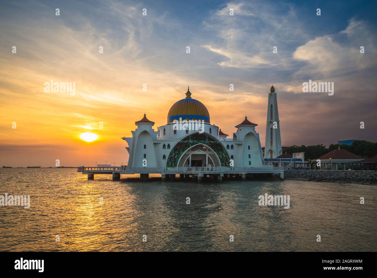 masjid selat melaka in malacca,  malaysia at dusk Stock Photo