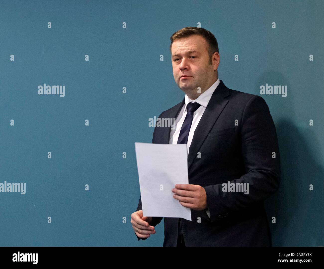 Ukrainian Minister of energy and environmental protection, Oleksiy Orzhel attends a press conference in Kiev.The European Union, Russia and Ukraine reached a final agreement about gas transit of Russian gas via Ukraine to Europe during the gas talks, reportedly by media. Stock Photo