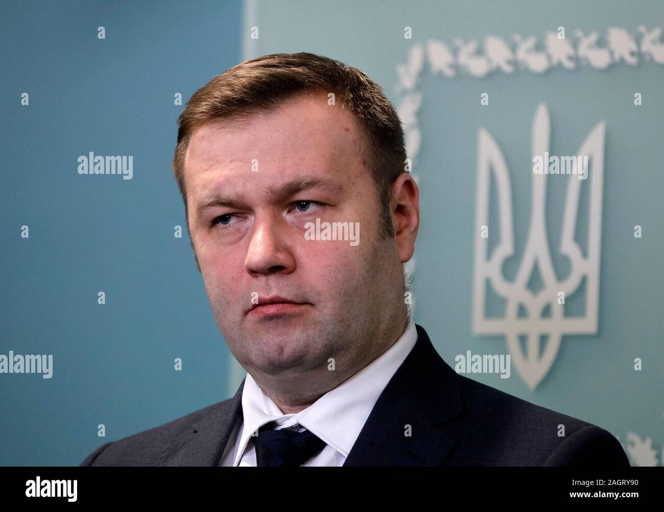 Ukrainian Minister of energy and environmental protection, Oleksiy Orzhel attends a press conference in Kiev.The European Union, Russia and Ukraine reached a final agreement about gas transit of Russian gas via Ukraine to Europe during the gas talks, reportedly by media. Stock Photo