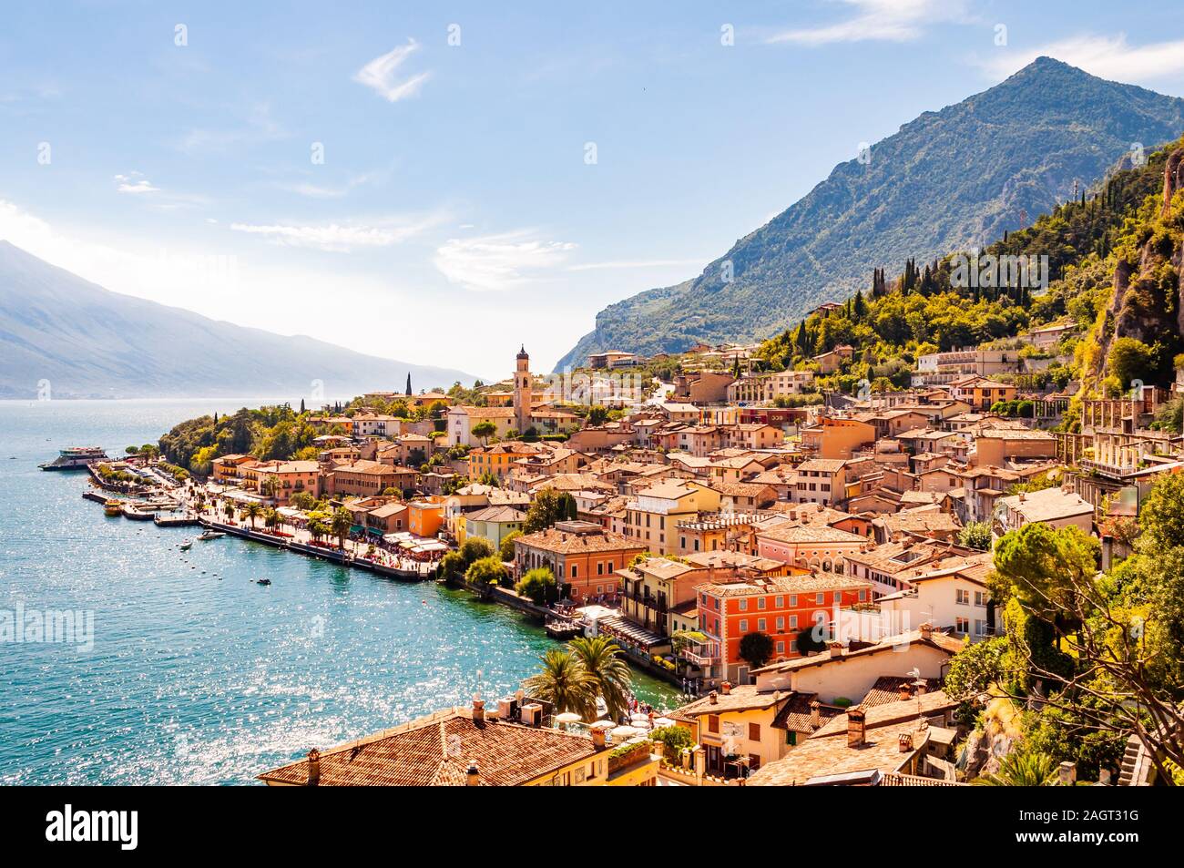 Limone Sul Garda cityscape on the shore of Garda lake surrounded by scenic Northern Italian nature. Amazing Italian cities Stock Photo