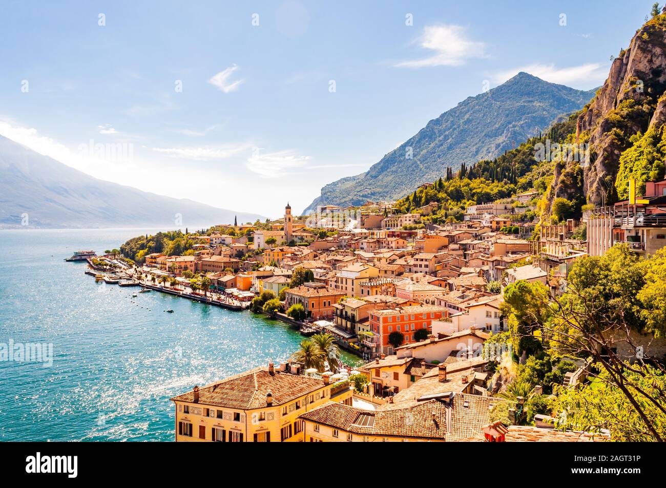 Limone Sul Garda cityscape on the shore of Garda lake surrounded by scenic Northern Italian nature. Amazing Italian cities Stock Photo