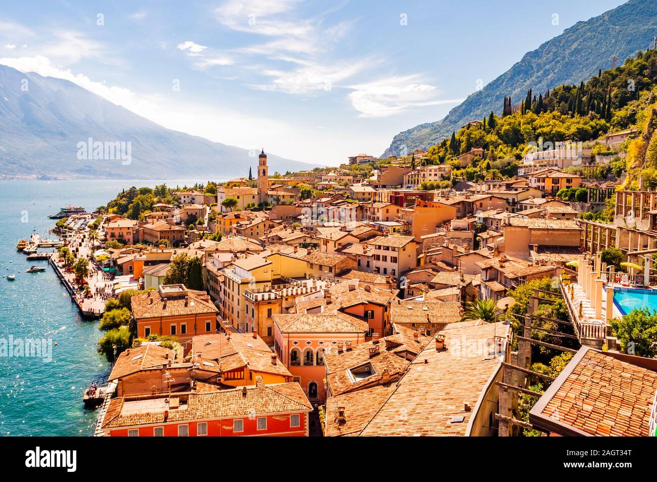 Limone Sul Garda cityscape on the shore of Garda lake surrounded by scenic Northern Italian nature. Amazing Italian cities Stock Photo