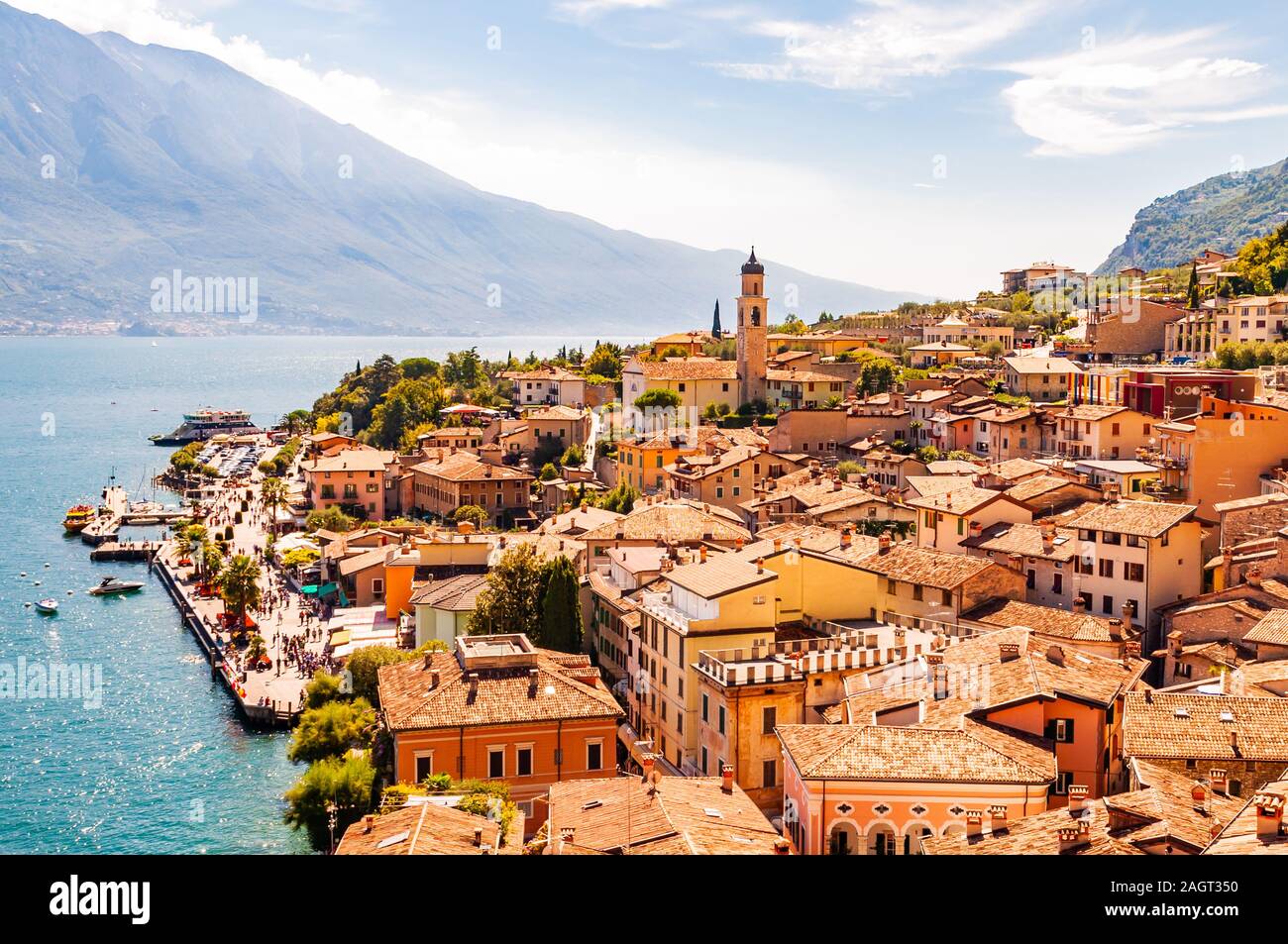 Limone Sul Garda cityscape on the shore of Garda lake surrounded by scenic Northern Italian nature. Amazing Italian cities Stock Photo