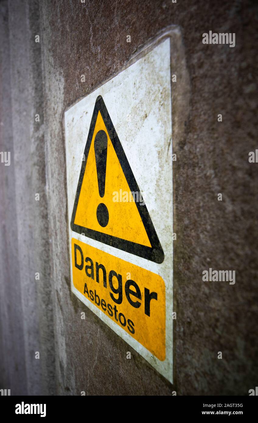 Asbestos warning sign, set of six naturally occurring silicate minerals made of microscopic fibres harmful when breathed in Stock Photo