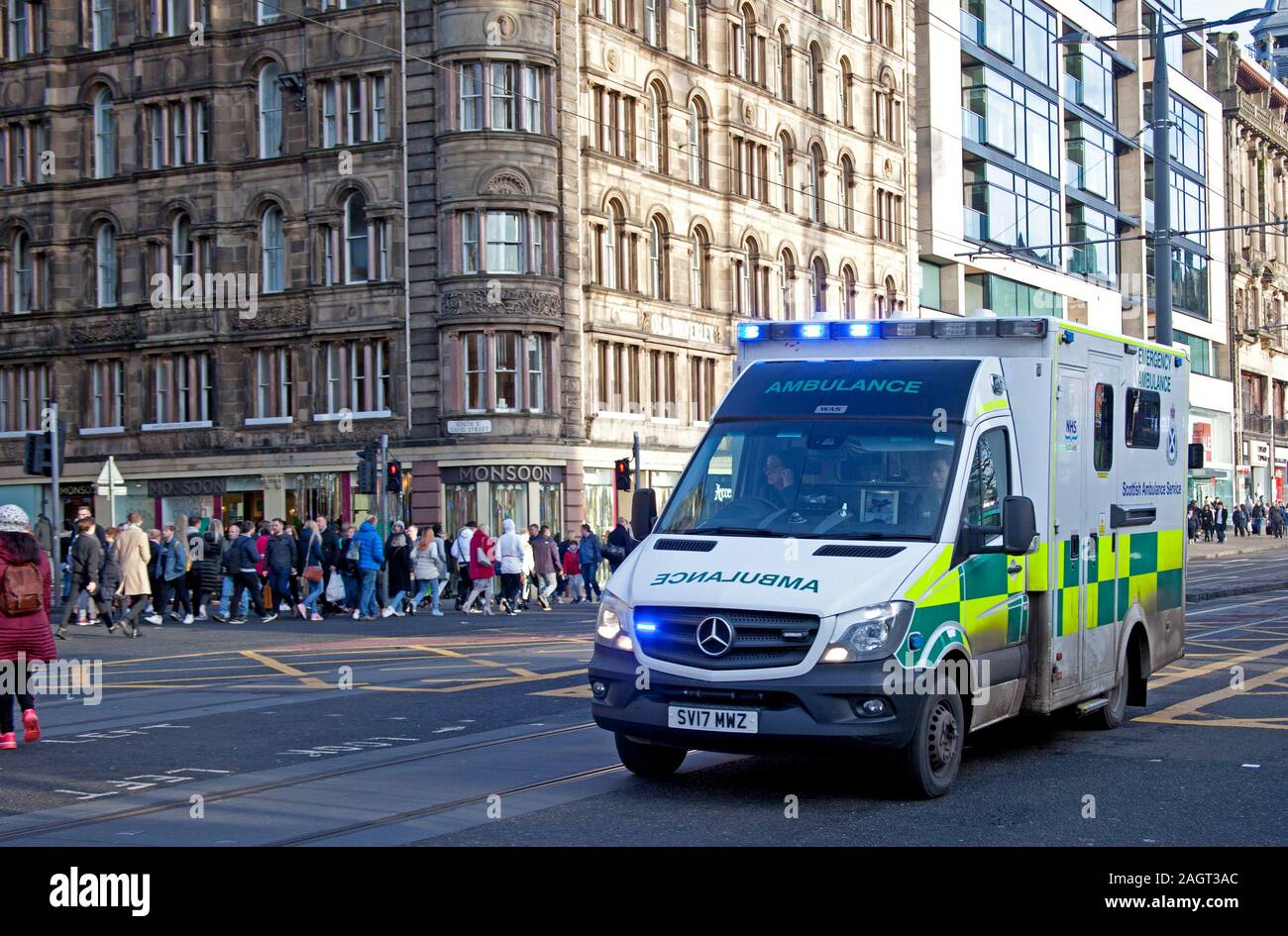 Princes Street, Edinburgh, Scotland, UK. 21st December 2019. Ambulance and Paramedic staff are needing to take more time off sick due to anxiety, stress and depression, from figures of Scottish Ambulance Service. The number of ambulance service staff signed off due to mental health issues has risen over the last three years. Credit: Arch White/Alamy Live News Stock Photo