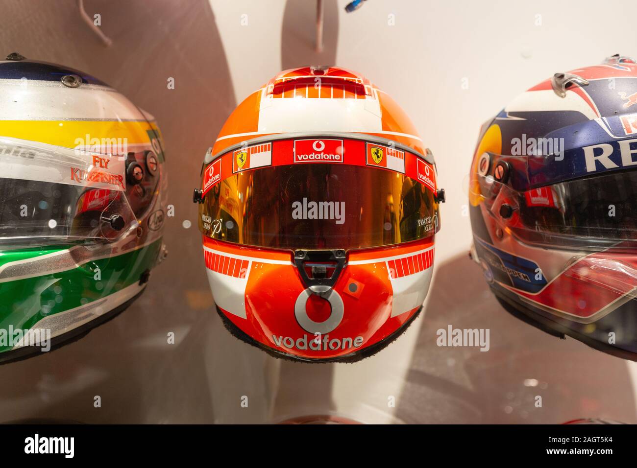 Fernando Alonso Museum, Llaneras, Spain - 18 April, 2019: Helmet collection  by Fernando Alonso. For years Fernando Alonso has exchanged his helmets wi  Stock Photo - Alamy