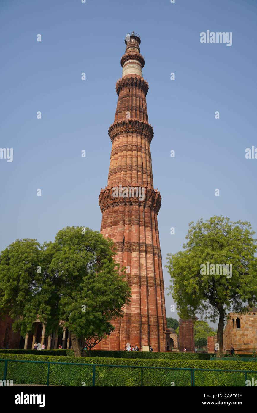 The Qutb Minar, also spelled as Qutub Minar or Qutub Minar, is a minaret that forms part of the Qutb complex, Stock Photo