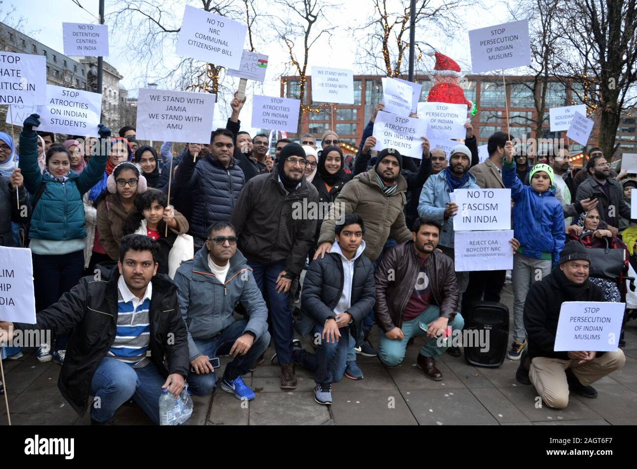 A demonstration in Piccadilly Gardens, Manchester, uk, on December 21, 2019, to protest about the Citizenship law which was passed recently by India's Parliament. This changed India's 1955 Citizenship Act, providing a path to Indian citizenship for Hindu, Sikh, Buddhist, Jain, Parsi, and Christian religious minorities escaping persecution from Pakistan, Bangladesh and Afghanistan. This was the first time religion had been used as a criterion for citizenship under Indian law. Muslims argue  that this discriminates against them. In protests in India 23 people have died and 4,000 arrested. Stock Photo